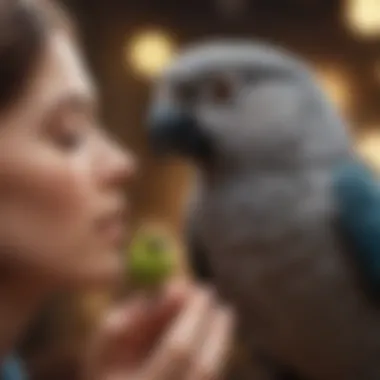 An owner gently interacting with a pet bird in a calm environment