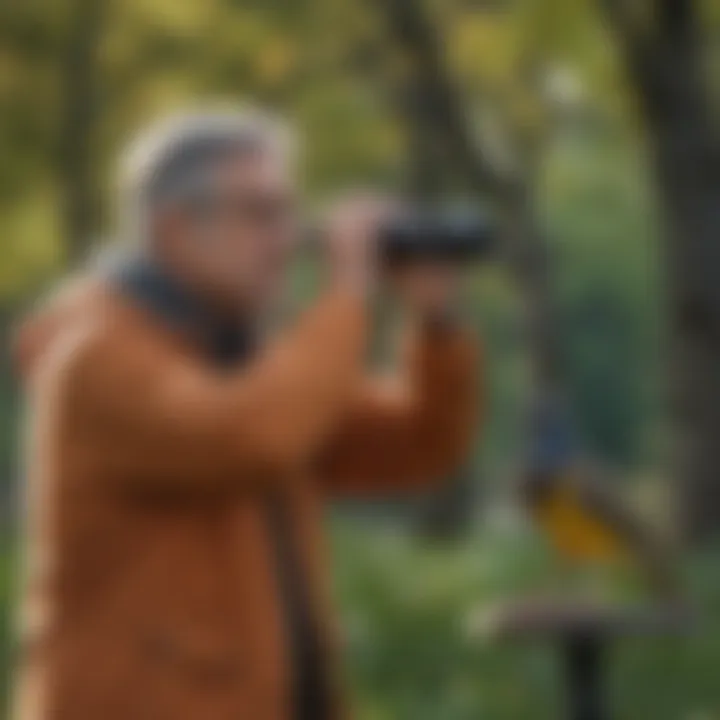 An avian enthusiast observing birds with binoculars in a park setting.