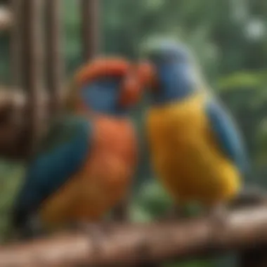 Different bird species interacting within a communal aviary