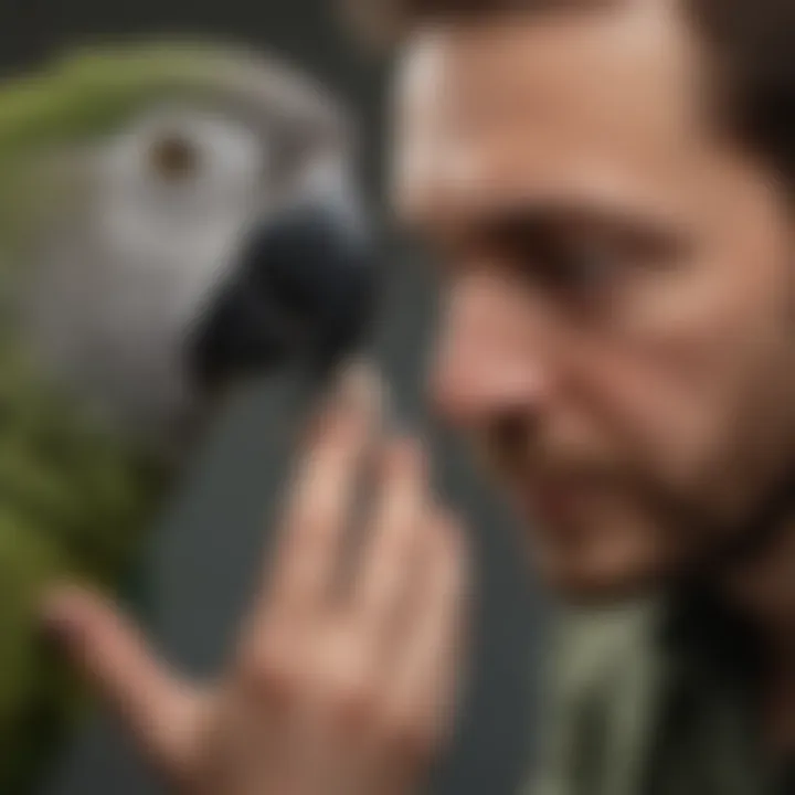 A close-up of a bird enthusiast interacting with a parrot, highlighting the bond between them.