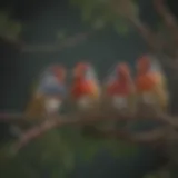 Colorful aviary finches perched on branches