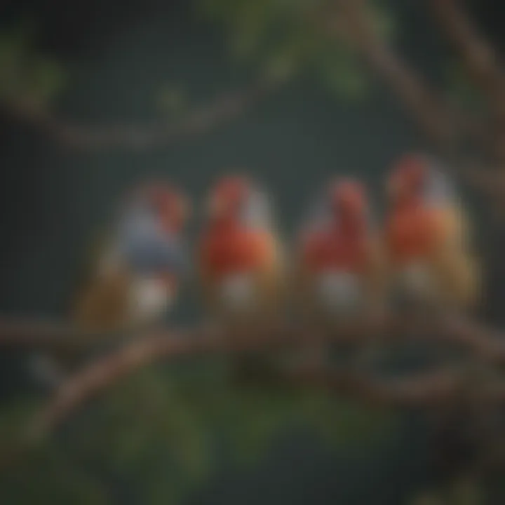 Colorful aviary finches perched on branches