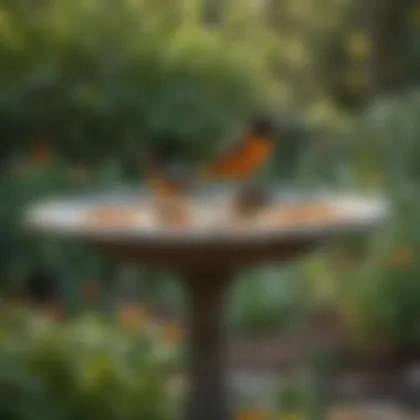 A beautifully designed birdbath in a garden, attracting Baltimore Orioles.