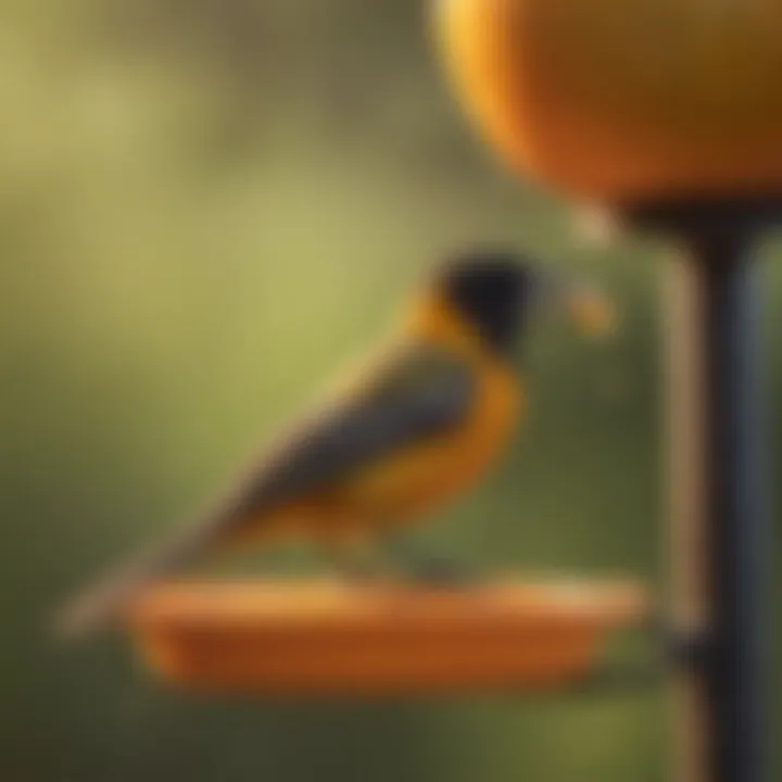 A Baltimore Oriole perched on a vibrant orange feeder filled with sugar water.