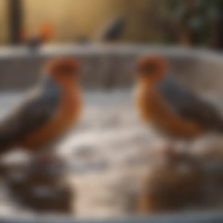 A variety of birds enjoying a warm bath during a cold winter day.