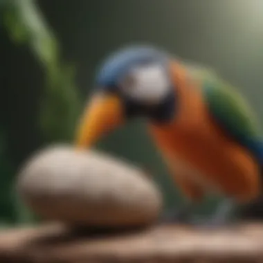 A close-up of a pet bird using a beak conditioning stone in its habitat.