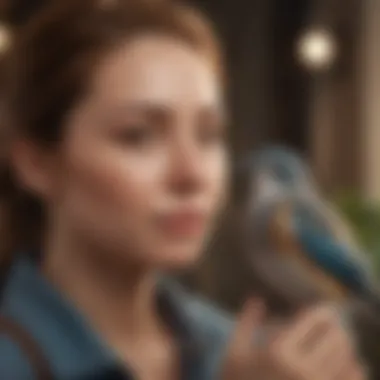 Bonding Moments: Trust Between Bird and Owner A serene scene of a bird perched on a person's shoulder, indicating trust and companionship.