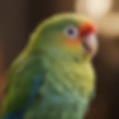 A close-up view of a colorful parakeet perched calmly, showcasing its feathers and serene expression.