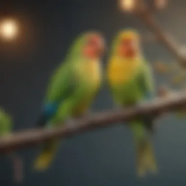 Colorful parakeets perched on a branch, illustrating common pet bird allergens.