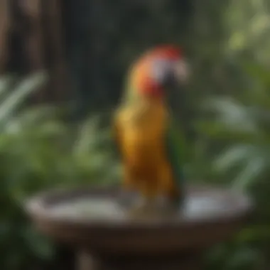 A well-integrated bird bath in a natural outdoor setting for parrots