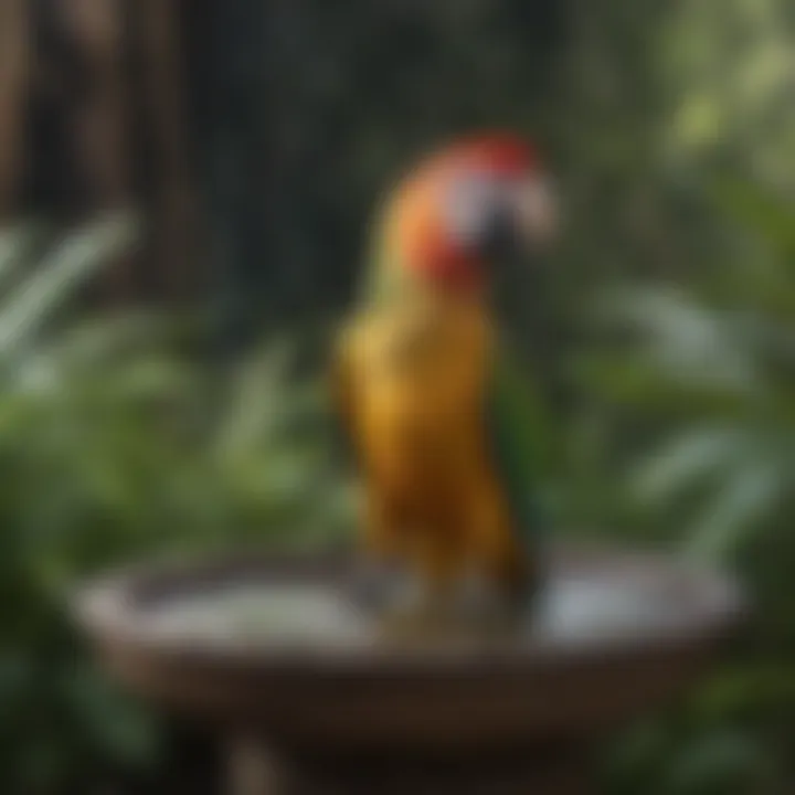 A well-integrated bird bath in a natural outdoor setting for parrots