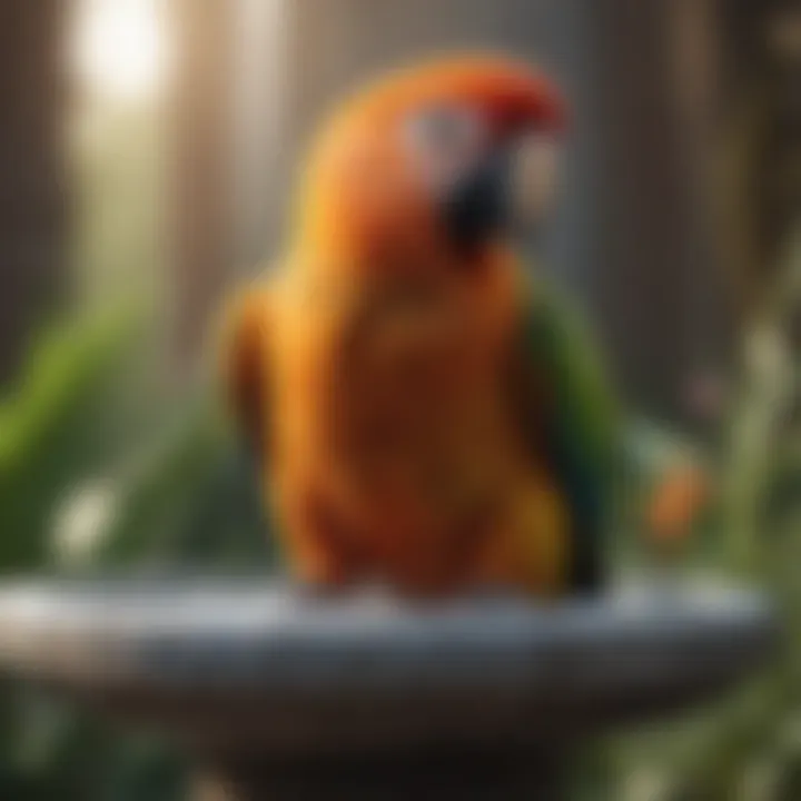 A vibrant parrot enjoying a bath in a beautifully designed bird bath