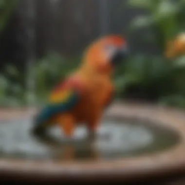 Close-up of a bird bath with various water features suitable for parrots