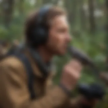Research in Avian Communication A researcher observing birds in their natural habitat using audio equipment