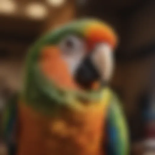 A close-up of a parrot showing its collar area with feathers missing due to plucking.