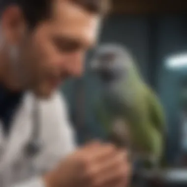 A veterinarian examining a pet bird for signs of stress or health issues.