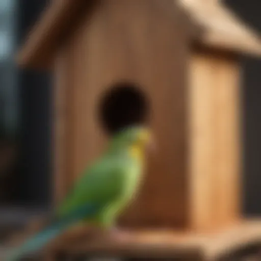 A beautifully crafted wooden bird house designed for parakeets