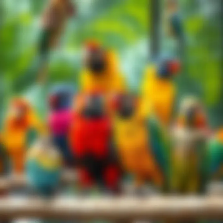 A vibrant assortment of pet birds in a colorful avian habitat.