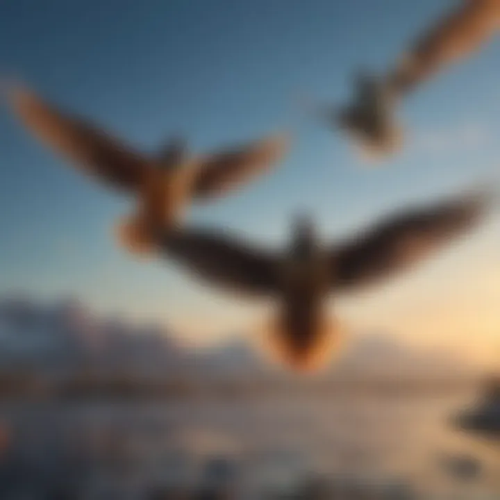 A collection of colorful birds in flight against a clear blue sky.