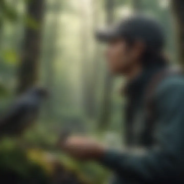 A birdwatcher quietly observing birds in a lush forest.