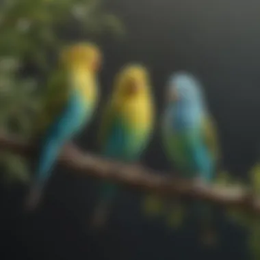 Colorful budgerigars perched on a branch