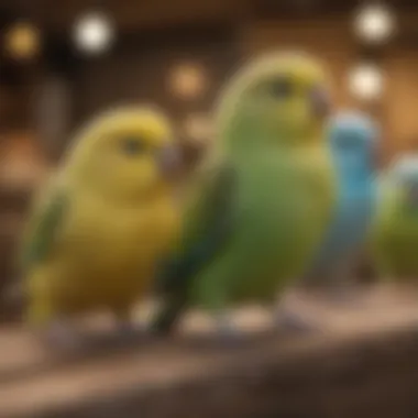 A variety of budgerigar types in a pet store