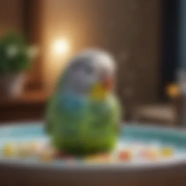 Budgie Taking a Bath A colorful budgie enjoying a refreshing bath in a shallow dish