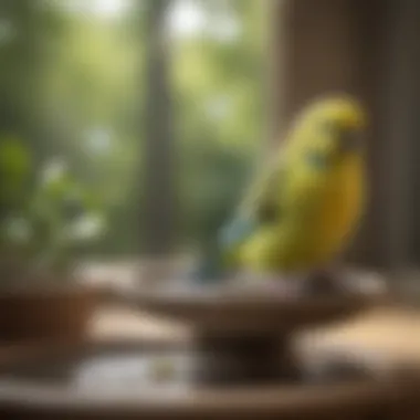 A serene setting with a budgie perched next to a clean bird bath