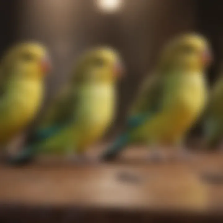 An array of budgerigar species showcasing their colors and markings