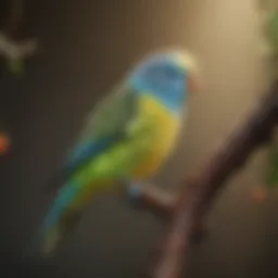 A vibrant budgerigar perched on a branch, showcasing its colorful feathers.