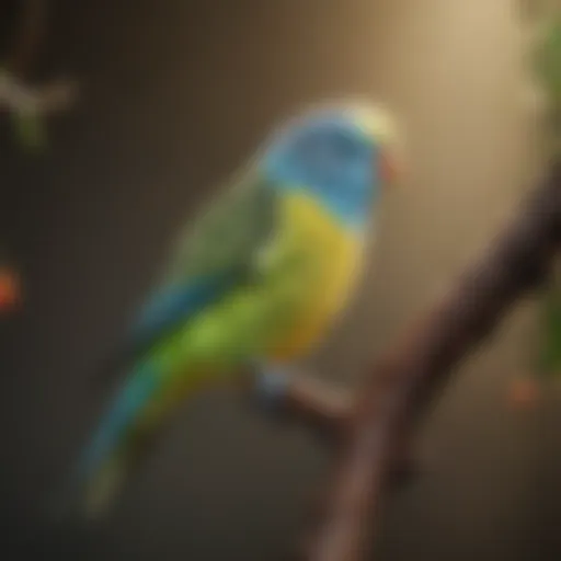 A vibrant budgerigar perched on a branch, showcasing its colorful feathers.