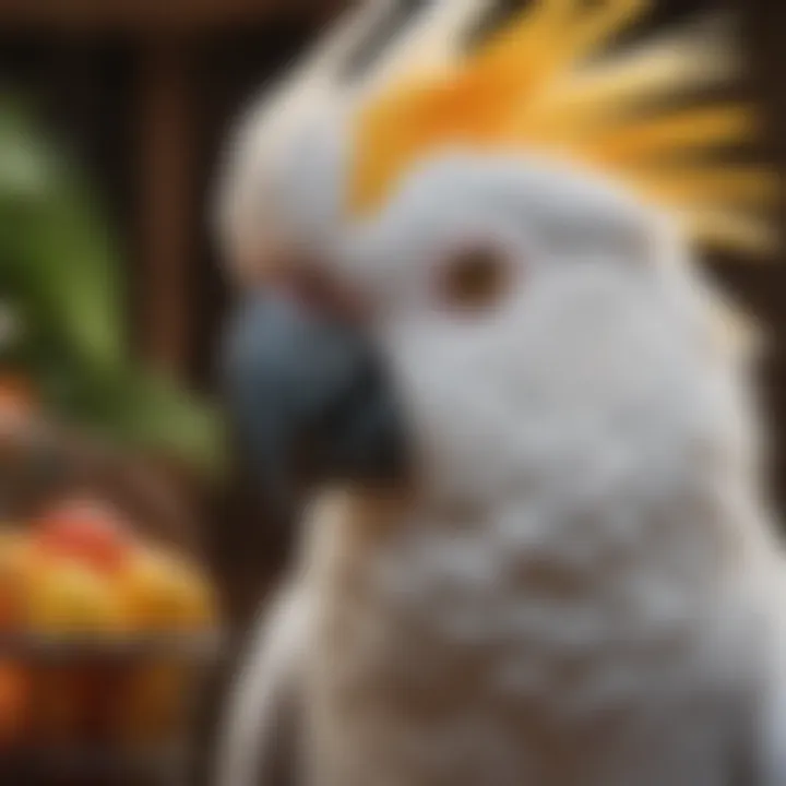 Vibrant enrichment items within a cockatoo habitat.