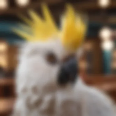 Close-up of a cockatoo in a bright, colorful setting