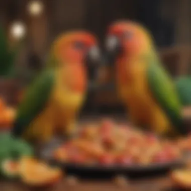 Dietary Essentials for Conures An array of conure-safe fruits and vegetables arranged artfully