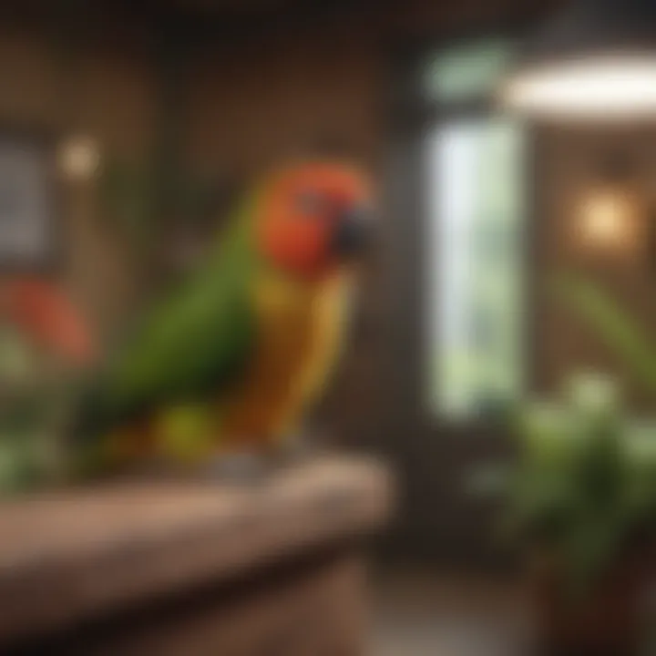 A cozy, well-furnished conure habitat highlighting environmental enrichment