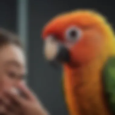 A conure engaging in playful interaction with its owner