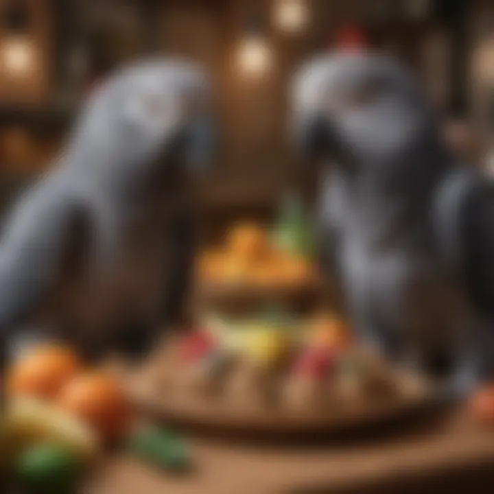 A collection of various foods and toys specifically designed for African Gray parrots, emphasizing their dietary needs.