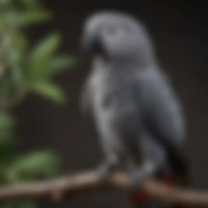 A vibrant African Gray parrot perched on a branch, showcasing its striking plumage and intelligent gaze.