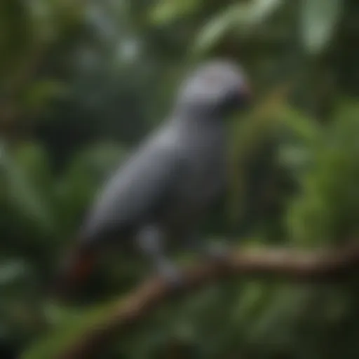 A vibrant African Grey bird perched on a branch surrounded by lush greenery