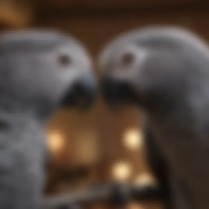 A close-up of an African Grey parrot interacting with its caretaker, showing companionship.