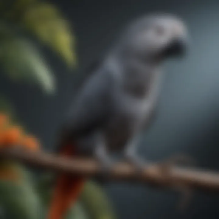 A vibrant African Grey parrot perched on a branch, showcasing its unique feathers.