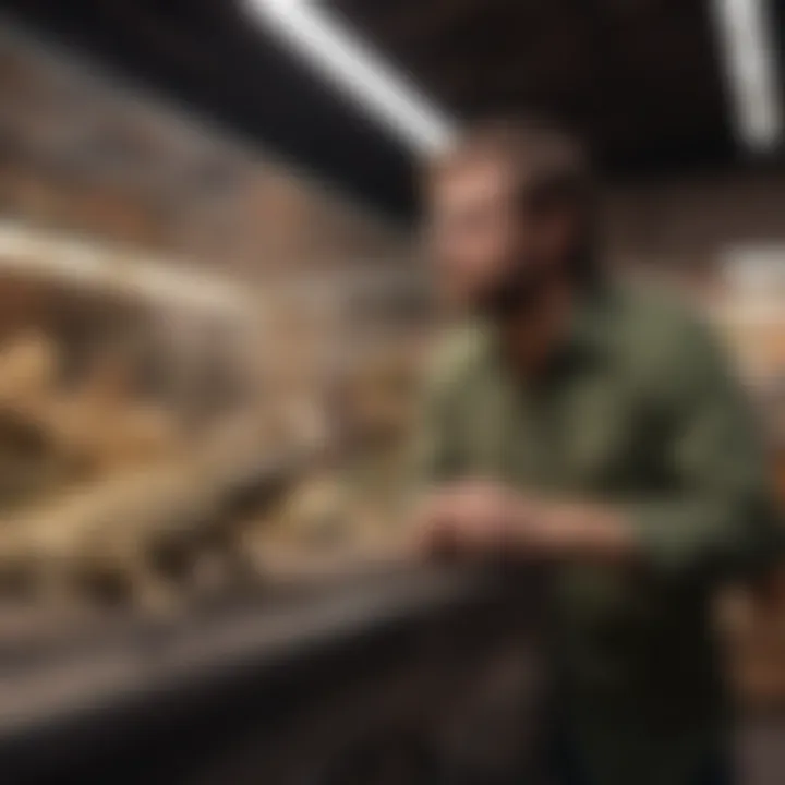 A person selecting a bearded dragon in a pet store