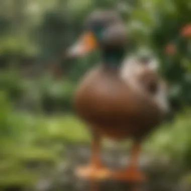 A pet duck enjoying a playful moment in the garden