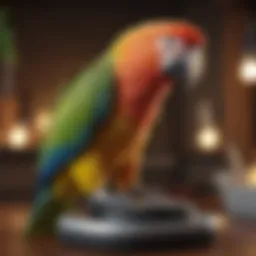 A vibrant parrot perched on a vet's scale, symbolizing health assessments.