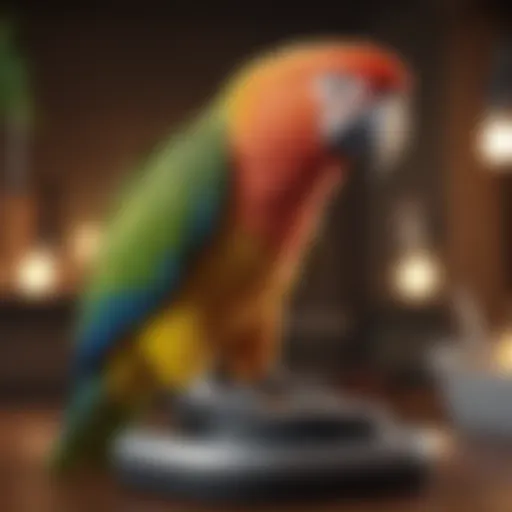 A vibrant parrot perched on a vet's scale, symbolizing health assessments.