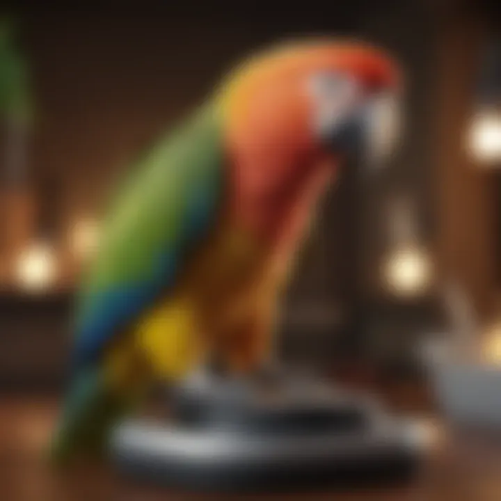 A vibrant parrot perched on a vet's scale, symbolizing health assessments.