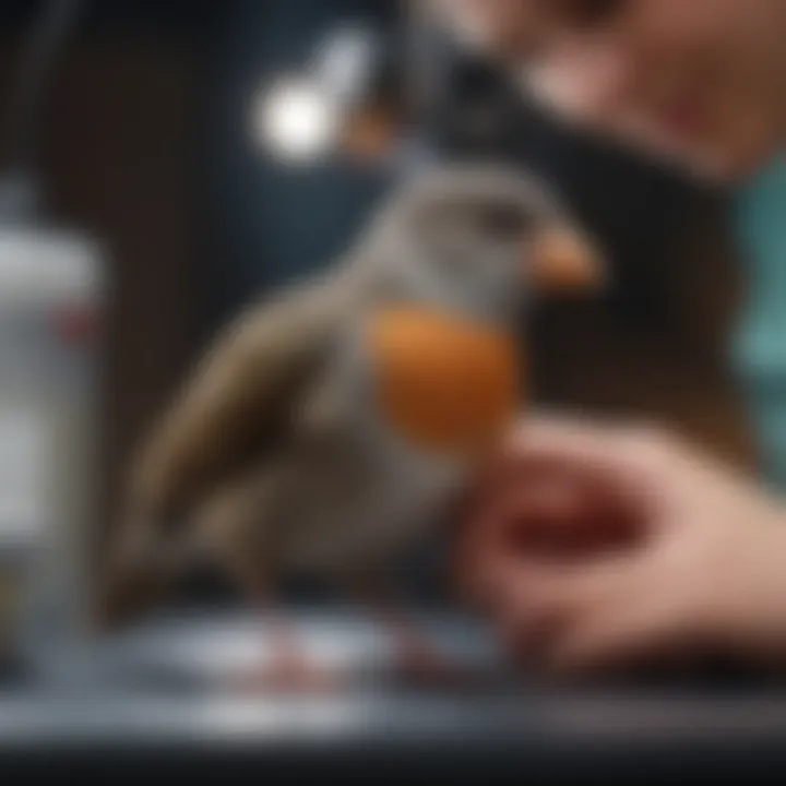 A vet examining a small bird during a routine check-up.