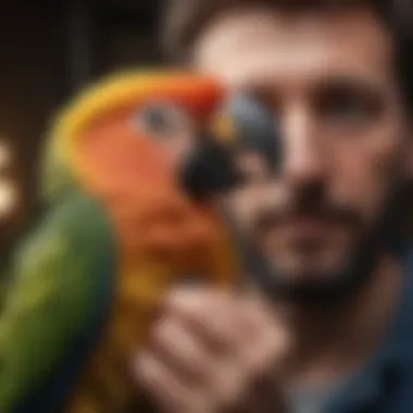 A close-up of a parrot being cared for by a loving owner, emphasizing the bond.