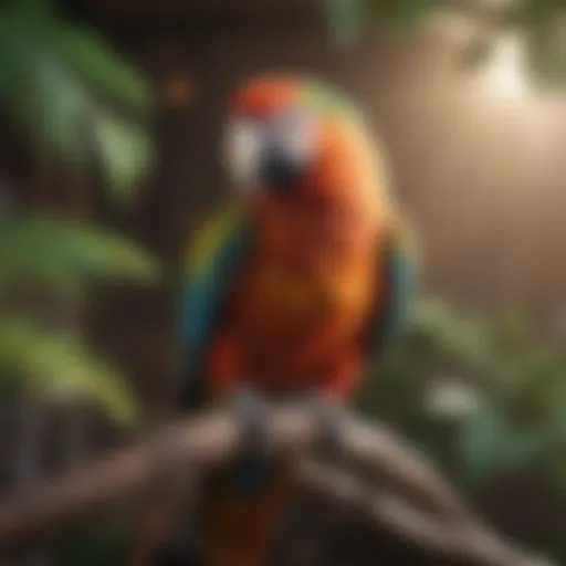 A vibrant parrot perched on a branch, showcasing its colorful feathers.