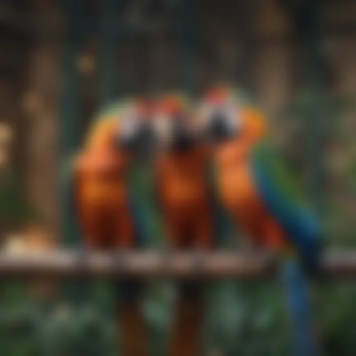 Close-up of macaws interacting in a vibrant aviary environment